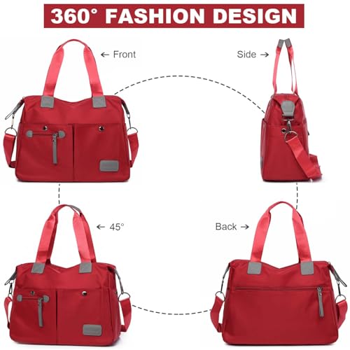 YouNuo Women Tote Bag with Multi Pockets and Zipper, Large Shoulder Handbag Stylish Nylon Tote Handbag for Women Fashion Cross body Purse Messenger Bag for Work,Travel (Red) - Image 2