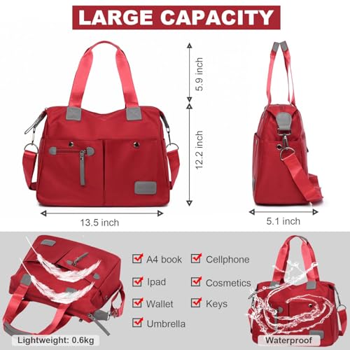 YouNuo Women Tote Bag with Multi Pockets and Zipper, Large Shoulder Handbag Stylish Nylon Tote Handbag for Women Fashion Cross body Purse Messenger Bag for Work,Travel (Red) - Image 4