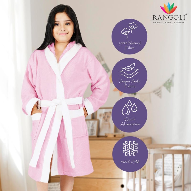 Rangoli Noble 100% Cotton Terry Kids Bathrobe, 400 GSM - Light Pink - Image 2