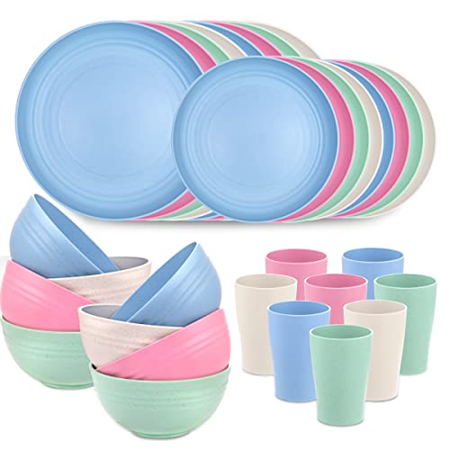 Supernal Wheat Straw Dinnerware Microwave Dishwasher Safe Unbreakable Light Weight Plates Service For 8 Reusable Tableware Set Multicolor Set 16pcs Plates 8pcs Bowls 8pcs Cups