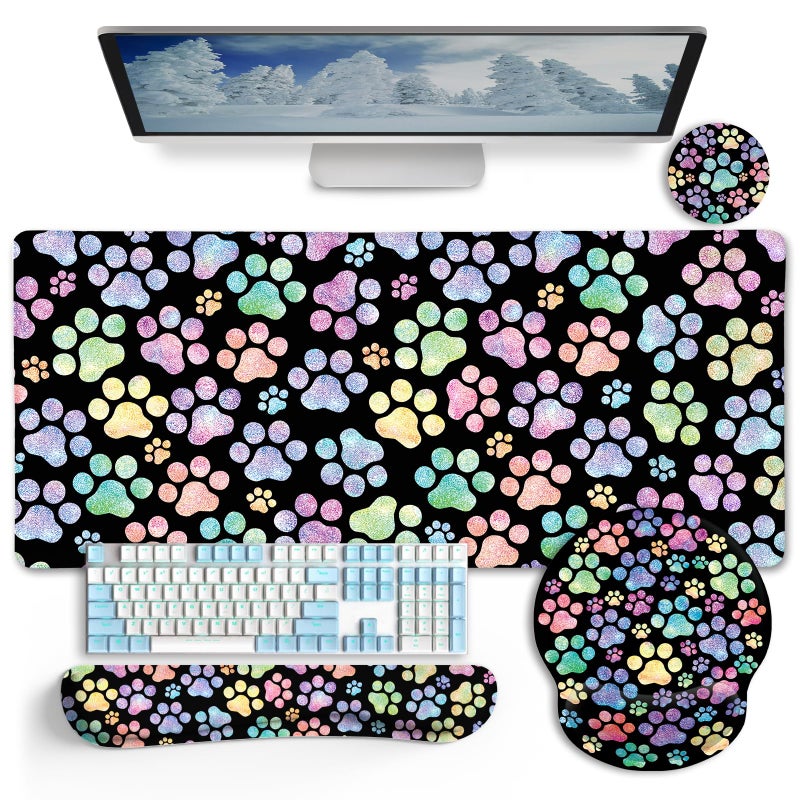 LIMKRIAN Dog Paw Mouse Pad Set XXL Large Desk Mat Pad, Cute Ergonomic Mouse Pad with Wrist Support Wrist Rest for Computer Keyboard, Cup Coaster Cute Cat Paw Office Supplies Desk Decor Accessories - Image 1