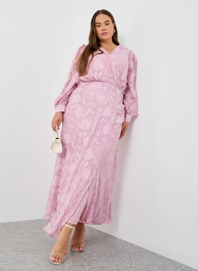 Styli Styli Plus Size Jacquard Balloon Sleeve Maxi Dress