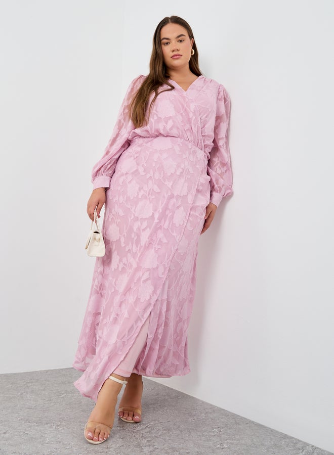 Styli Plus Size Jacquard Balloon Sleeve Maxi Dress - Image 1