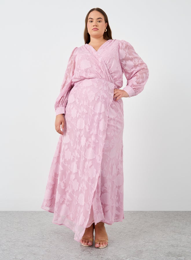 Styli Plus Size Jacquard Balloon Sleeve Maxi Dress - Image 2