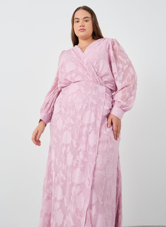 Styli Plus Size Jacquard Balloon Sleeve Maxi Dress - Image 3