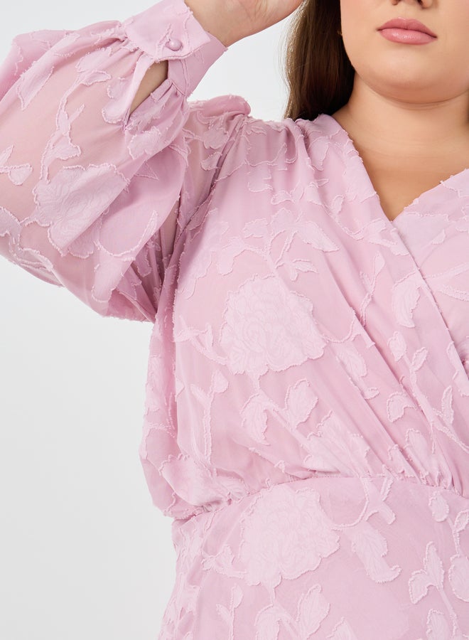 Styli Plus Size Jacquard Balloon Sleeve Maxi Dress - Image 4