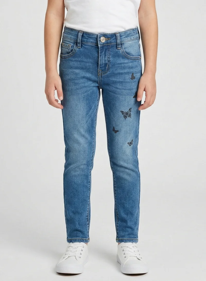 بيبي كلو Girls Butterfly Print Adjustable Waist Skinny Jeans