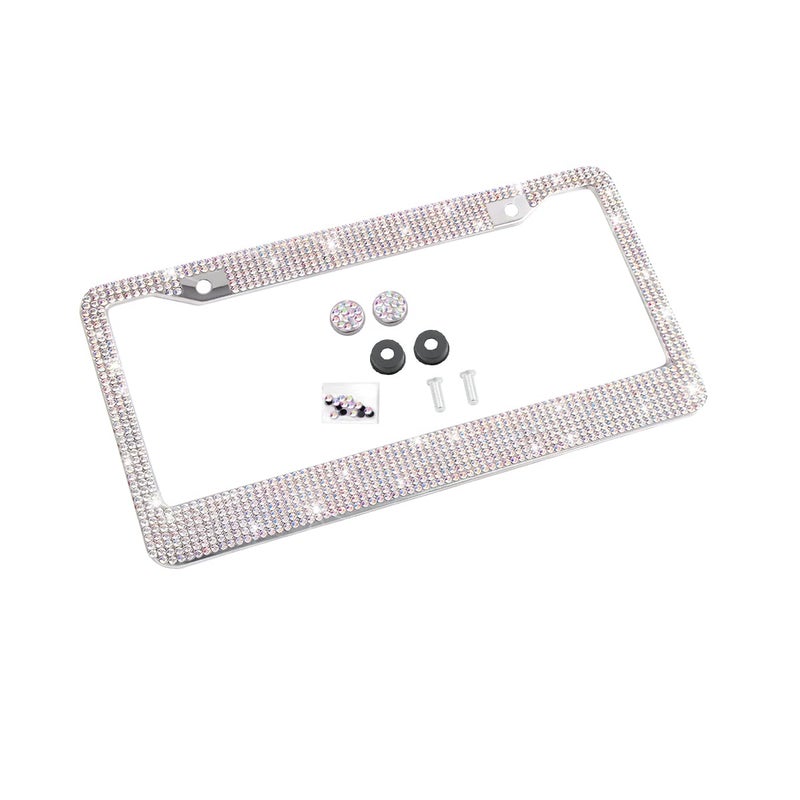 Bling Car License Plate Frame Sparkly Rhinestone Stainless Steel License Plate CoverHolder Universal for Most Cars SUVs Vehicles with Screw Set Auto Accessories for Women AB Color