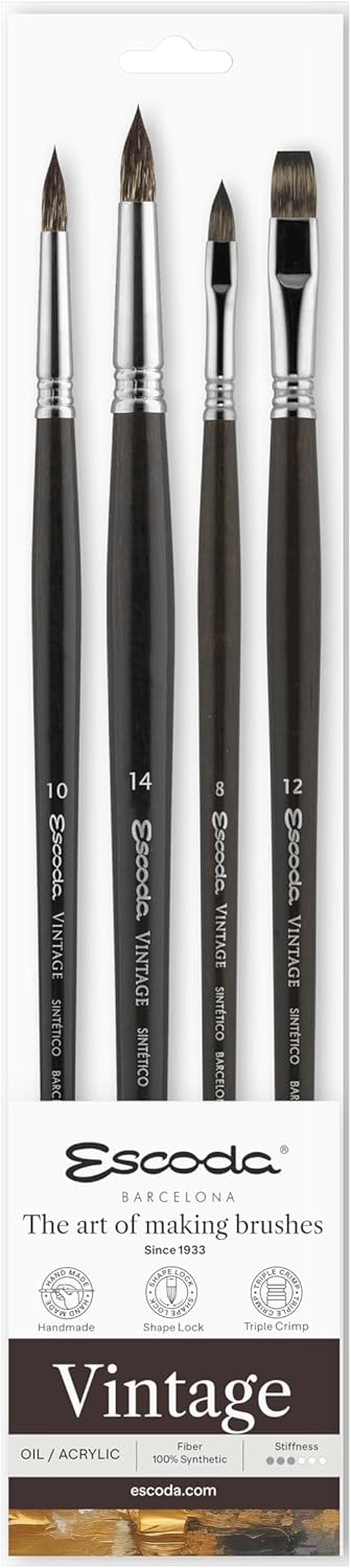 Escoda Vintage Series Professional Artist Oil  Acrylic Brush Set Synthetic Fiber 4 Piece Set - Image 1