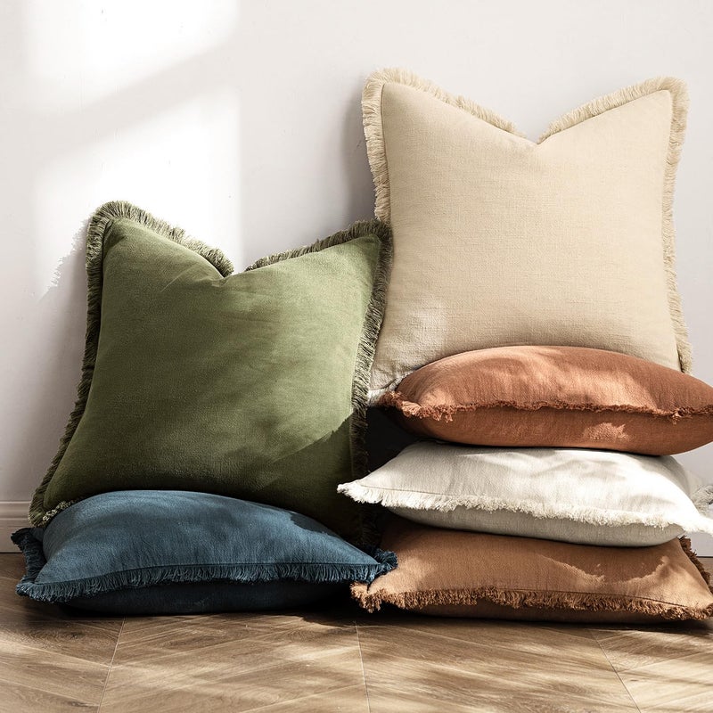 ميولي مجموعة Miulee من 2 من الكتان ترميت وسادة الأغطية وسادة الزخرفة الأغطية على غرار وسادة بوهو بوهو أغطية وسادة بيج مع هامش لغرفة المعيشة 24 × 24 بوصة - Image 4