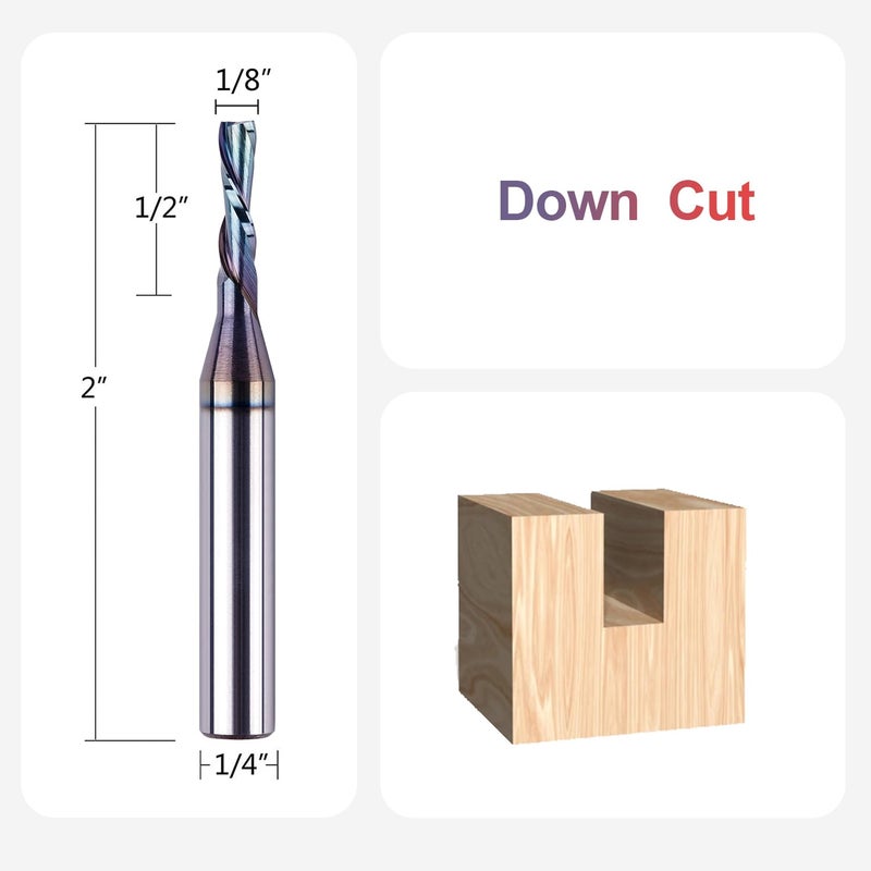 SpeTool 1/8 Inch Downcut CNC Router Bits 1/4 Inch Shank with Extra Long Life Coating, Carbide Spiral Down Cut End Mill Slot Cutting Router Bit for Woodworking - Image 2