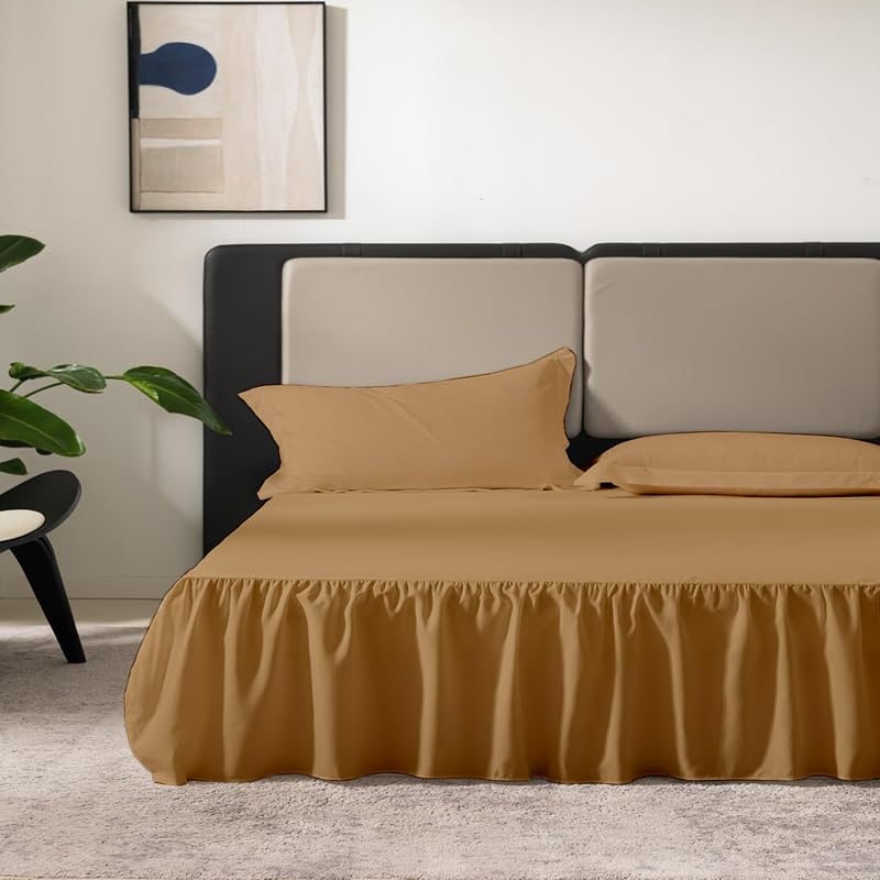 KANCHI DECOR تنورة سرير كاتشي ديكور من الألياف الدقيقة مع حواف متموجة تغطي ثلاث جوانب مقاومة للانكماش والتلاشي تنورة سرير مع منصة بارتفاع 21 بوصة سرير مزدوج 48x75 بوصة بيج - Image 4