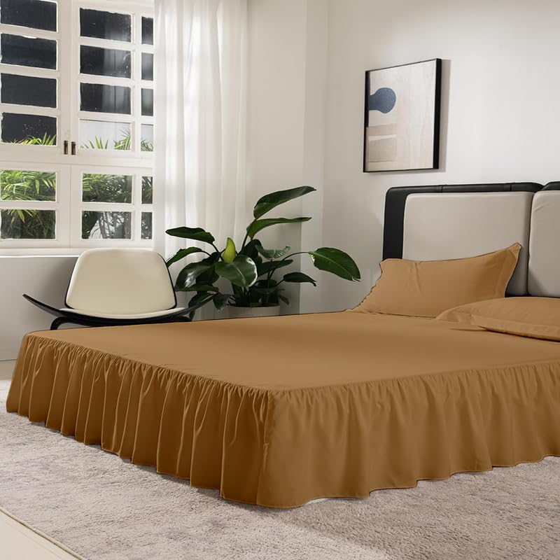 KANCHI DECOR تنورة سرير كاتشي ديكور من الألياف الدقيقة مع حواف متموجة تغطي ثلاث جوانب مقاومة للانكماش والتلاشي تنورة سرير مع منصة بارتفاع 21 بوصة سرير مزدوج 48x75 بوصة بيج - Image 5