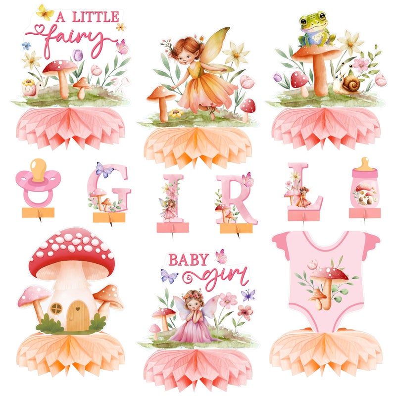 ANGOLIO 12Pcs Watercolor Mushroom Fairy Honeycomb Centerpieces Party Decorate Pink Baby Fairy Paper Topper Honeycomb 3D Table Decoration for Kids Party Baby Shower Birthday Supplies - Image 3