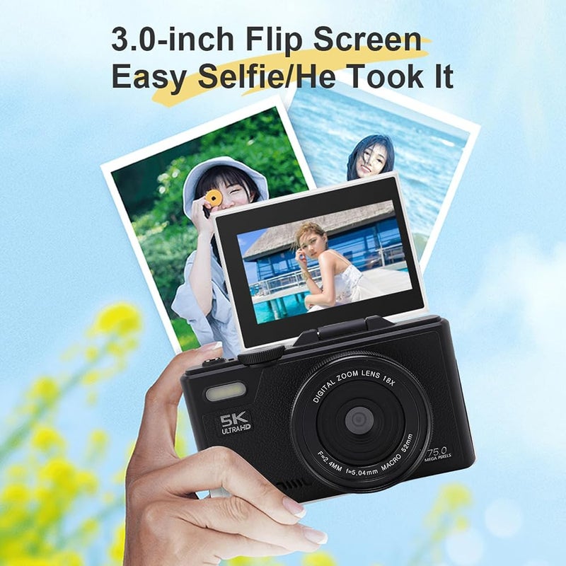 Bewinner 5K Digital Camera, WiFi 75MP Cameras, 18X Autofocus Point and Shoot Digital Camera with 3in 180°Flip Screen, Compact Vlog Travel Camara with SD Card for Photography (128G) - Image 4