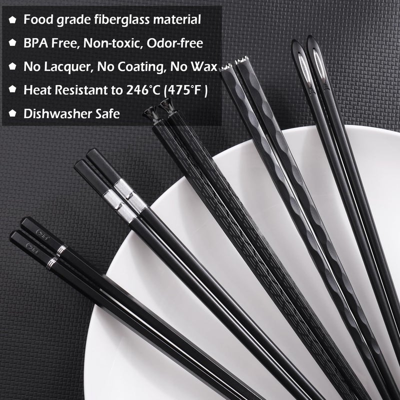 GLAMFIELDS 5 Pairs Premium Chopsticks Reusable Dishwasher Safe 9.5 Inch Fiberglass Chop Sticks Gift Set Non Slip Black + Silver - Image 3