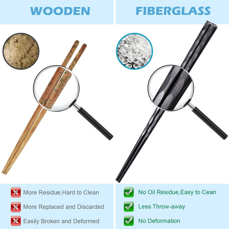 GLAMFIELDS 5 Pairs Premium Chopsticks Reusable Dishwasher Safe 9.5 Inch Fiberglass Chop Sticks Gift Set Non Slip Black + Silver - Image 4