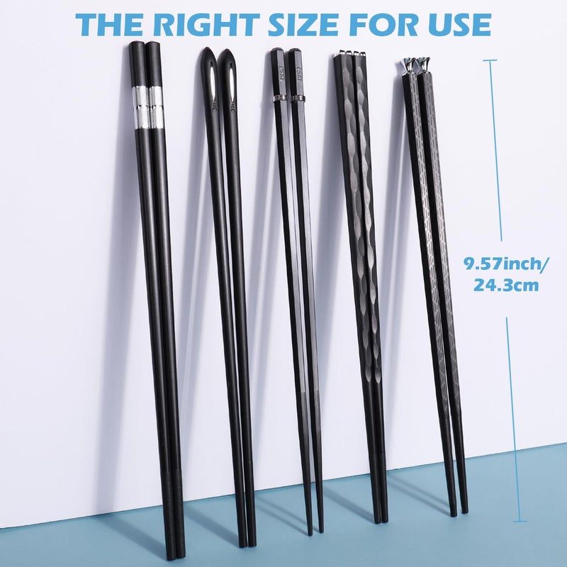 GLAMFIELDS 5 Pairs Premium Chopsticks Reusable Dishwasher Safe 9.5 Inch Fiberglass Chop Sticks Gift Set Non Slip Black + Silver - Image 2