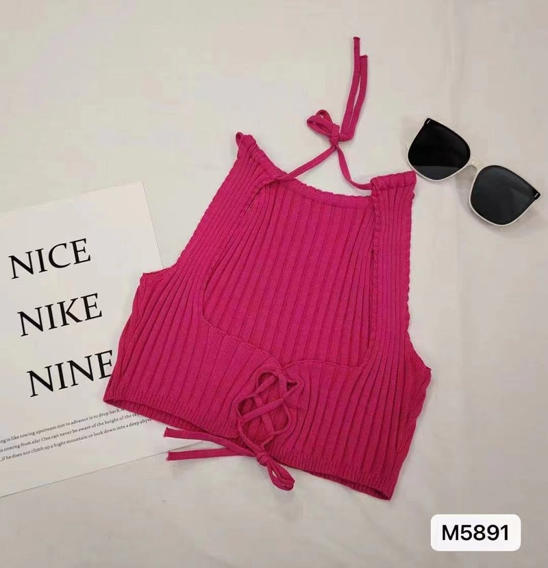 2024 Women'S Solid Color Hanging Neck Lace Back Hollow High Waist Sling Women'S Top Vest Spice Girl - Image 1