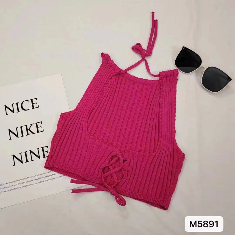 2024 Women'S Solid Color Hanging Neck Lace Back Hollow High Waist Sling Women'S Top Vest Spice Girl - Image 4