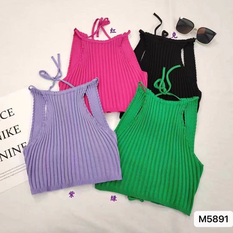 2024 Women'S Solid Color Hanging Neck Lace Back Hollow High Waist Sling Women'S Top Vest Spice Girl - Image 5