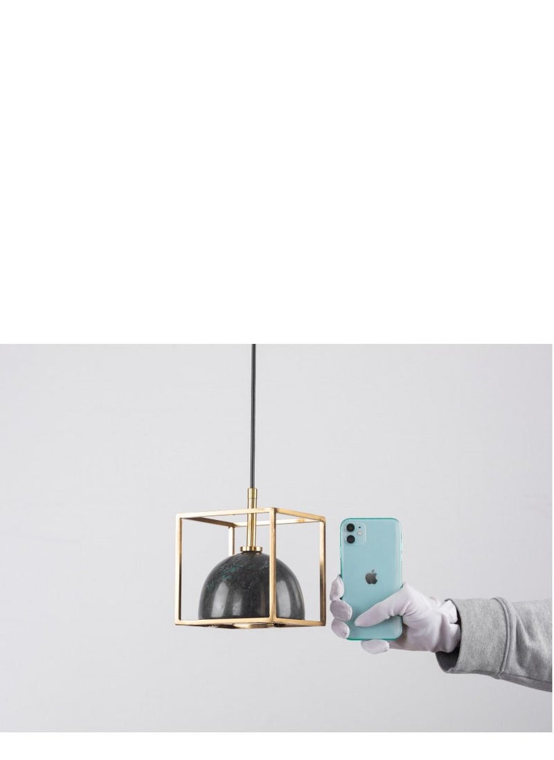 Pendant light with a modern design in the shape of a square with a green marble dome inside from Yocandel
