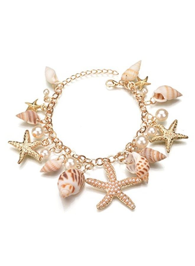 زيبويو سوار ZIBUYU® للنساء والفتيات من صدفات البحر الغريبة بوهو سلسلة قابلة للتعديل إكسسوارات سوار صدفي نجم البحر والمحار واللؤلؤ للنساء مجوهرات الصدف هدية عيد ميلاد للنساء - قطعة واحدة - Image 1