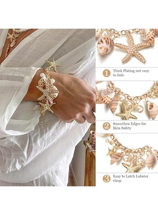 زيبويو سوار ZIBUYU® للنساء والفتيات من صدفات البحر الغريبة بوهو سلسلة قابلة للتعديل إكسسوارات سوار صدفي نجم البحر والمحار واللؤلؤ للنساء مجوهرات الصدف هدية عيد ميلاد للنساء - قطعة واحدة - Image 4