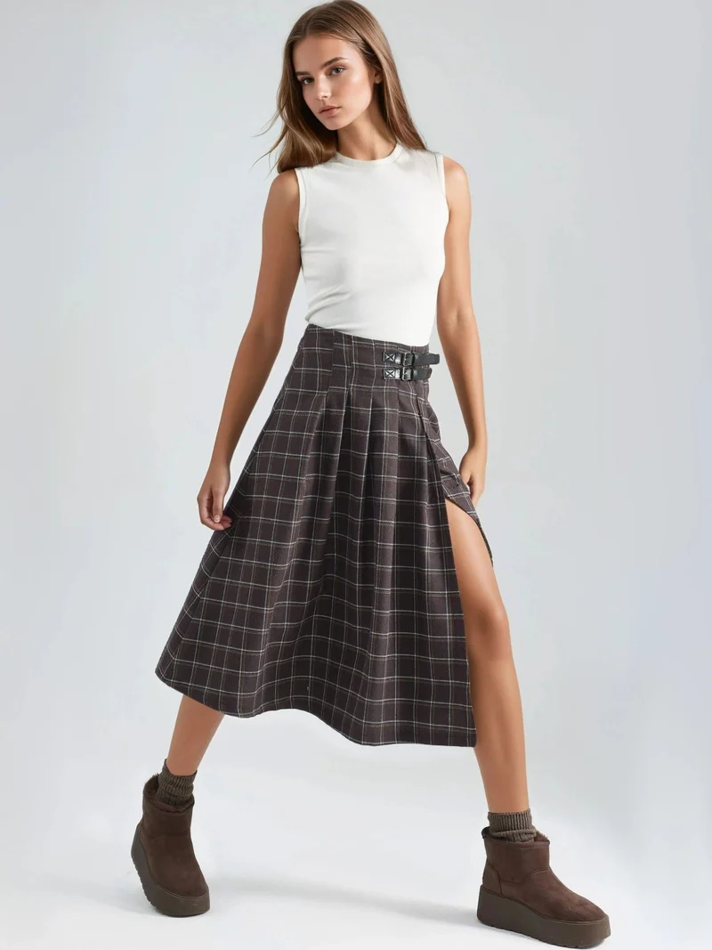 HICCUP Plaid Pleated Midi Skirt with Belt Detail