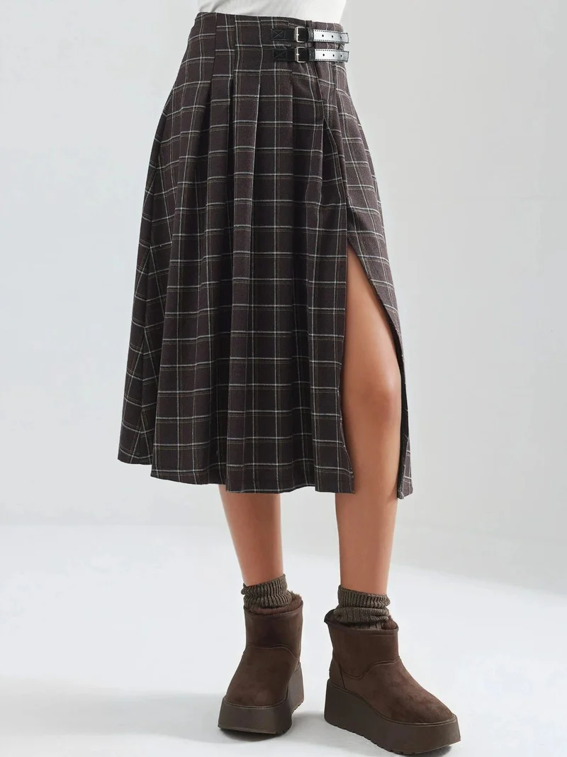 HICCUP Plaid Pleated Midi Skirt with Belt Detail