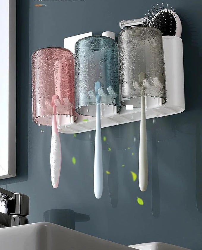 3 COLORS CUPS TOOTHBRUSH HOLDER LIGHT LUXURY MOUTHWASH BRUSHING CUP PUNCH FREE WALL MOUNTED BATHROOM STORAGE BOX WATERPROOF DUSTPROOF SPACE SAVING STORAGE EASILY CLEAN MULTI
