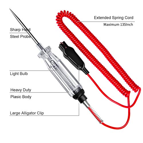 JASTIND 2PCS Heavy Duty Automotive Circuit Tester, Premium 6-24V Test Light with Extended Spring Test Leads & Sharp Piercing Probe, Circuit Voltage Tester with Replacement Indicator Light for Car/Vehicles - Image 3