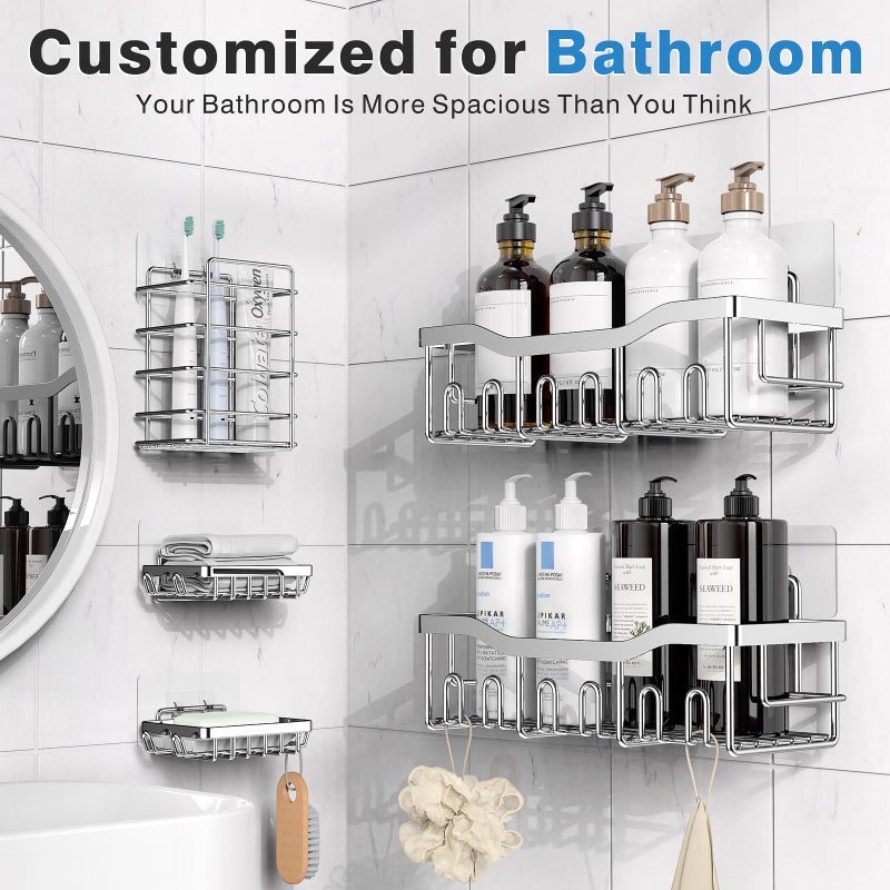 EUDELE 5-Pack Rustproof Stainless Steel Shower Caddy â€“ No Drill Adhesive Bathroom Organizer with Large Capacity, Spacious Shower Shelves for Inside Shower, Kitchen & Home Decor Storage-XL Size - Image 2