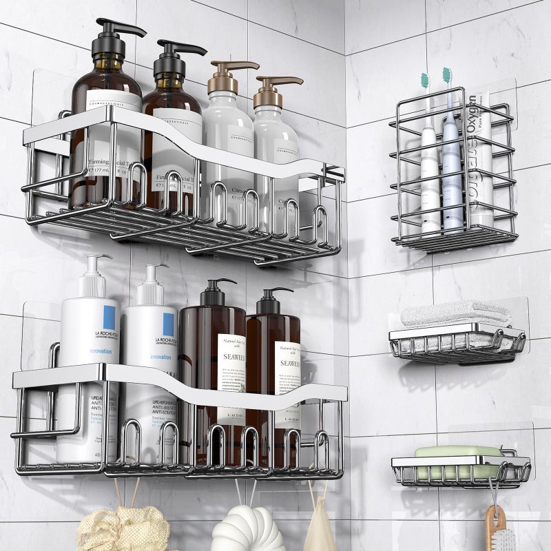 EUDELE 5-Pack Rustproof Stainless Steel Shower Caddy â€“ No Drill Adhesive Bathroom Organizer with Large Capacity, Spacious Shower Shelves for Inside Shower, Kitchen & Home Decor Storage-XL Size - Image 1