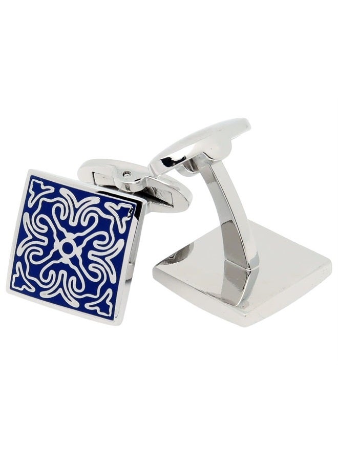 Jonwo Square Vintage Cloisonne Cufflinks for Men Blue Retro Patterns Men's Cuff Link Set for Wedding Shirt Party Business Birthday Anniversary Dress - Image 2