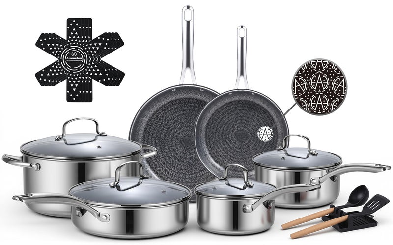 Ammeloo 17 Pcs Nonstick Stainless Steel Cookware Set, Hybrid Stainless Steel Pots and Pans Set Non Stick, Non Toxic Kitchen Cookware Sets, Dishwasher & Oven Safe, Induction & All Cooktop Compatible - Image 1