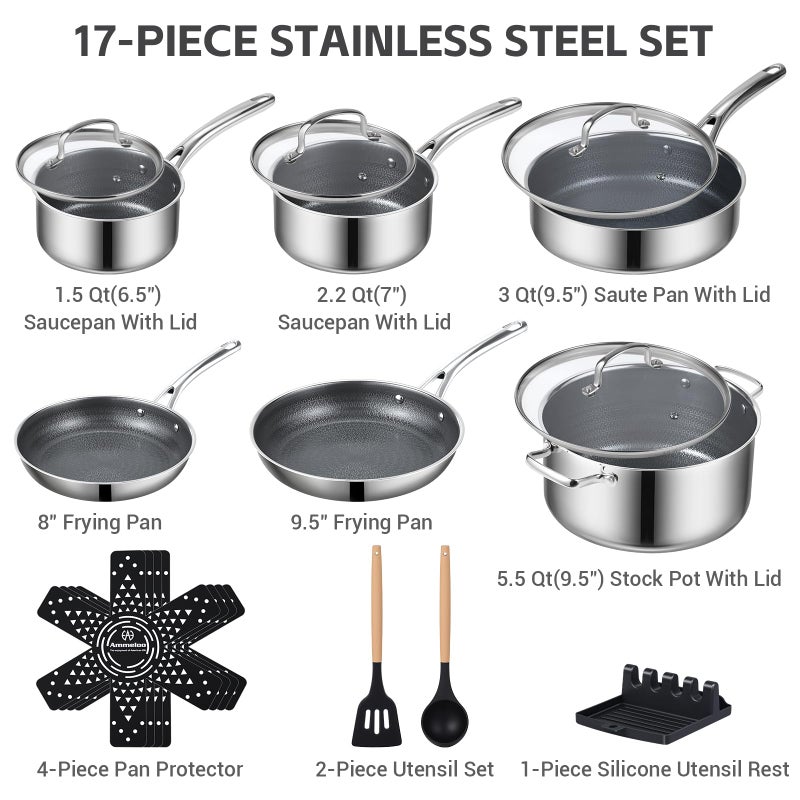 Ammeloo 17 Pcs Nonstick Stainless Steel Cookware Set, Hybrid Stainless Steel Pots and Pans Set Non Stick, Non Toxic Kitchen Cookware Sets, Dishwasher & Oven Safe, Induction & All Cooktop Compatible - Image 3