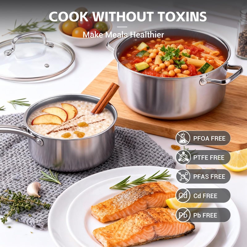 Ammeloo 17 Pcs Nonstick Stainless Steel Cookware Set, Hybrid Stainless Steel Pots and Pans Set Non Stick, Non Toxic Kitchen Cookware Sets, Dishwasher & Oven Safe, Induction & All Cooktop Compatible - Image 5