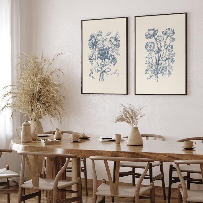 Tanmart Blue Floral Wall Art Decor Vintage Flower Canvas Pictures Boho Botanical Wall Art Prints Minimalist Floral Poster Rustic Flower Painting for Bedroom Bathroom 12x16 Inch Unframed Set of 2 - Image 1