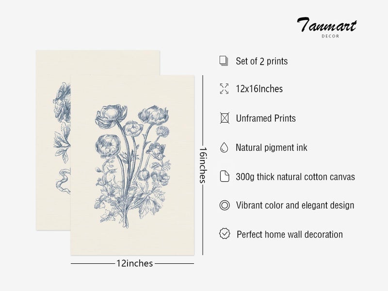 Tanmart Blue Floral Wall Art Decor Vintage Flower Canvas Pictures Boho Botanical Wall Art Prints Minimalist Floral Poster Rustic Flower Painting for Bedroom Bathroom 12x16 Inch Unframed Set of 2 - Image 2