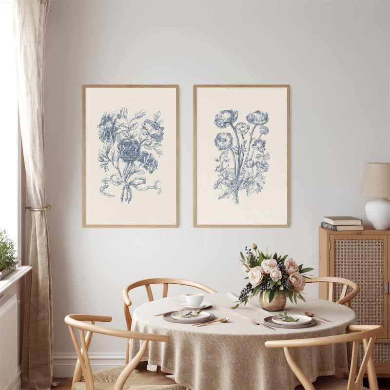 Tanmart Blue Floral Wall Art Decor Vintage Flower Canvas Pictures Boho Botanical Wall Art Prints Minimalist Floral Poster Rustic Flower Painting for Bedroom Bathroom 12x16 Inch Unframed Set of 2 - Image 5