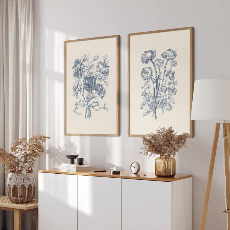 Tanmart Blue Floral Wall Art Decor Vintage Flower Canvas Pictures Boho Botanical Wall Art Prints Minimalist Floral Poster Rustic Flower Painting for Bedroom Bathroom 12x16 Inch Unframed Set of 2 - Image 4