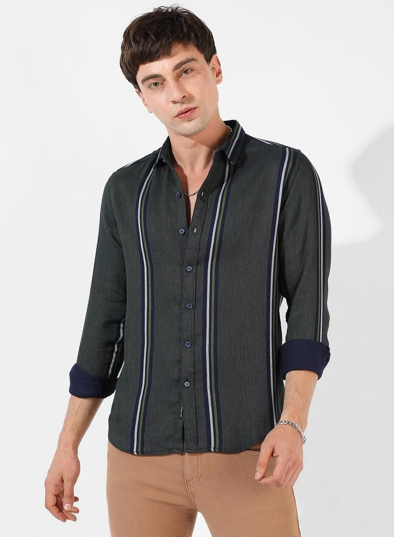 Campus Sutra Men's Green Striped Button Up Spread Collar Shirt For Casual Wear | Regular Fit | Cotton Double Cloth Shirt Crafted With Long Sleeve, Comfort Fit & High-Performance For Everyday Wear