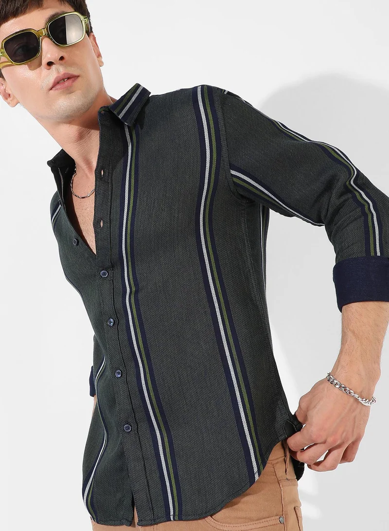 Campus Sutra Men's Green Striped Button Up Spread Collar Shirt For Casual Wear | Regular Fit | Cotton Double Cloth Shirt Crafted With Long Sleeve, Comfort Fit & High-Performance For Everyday Wear
