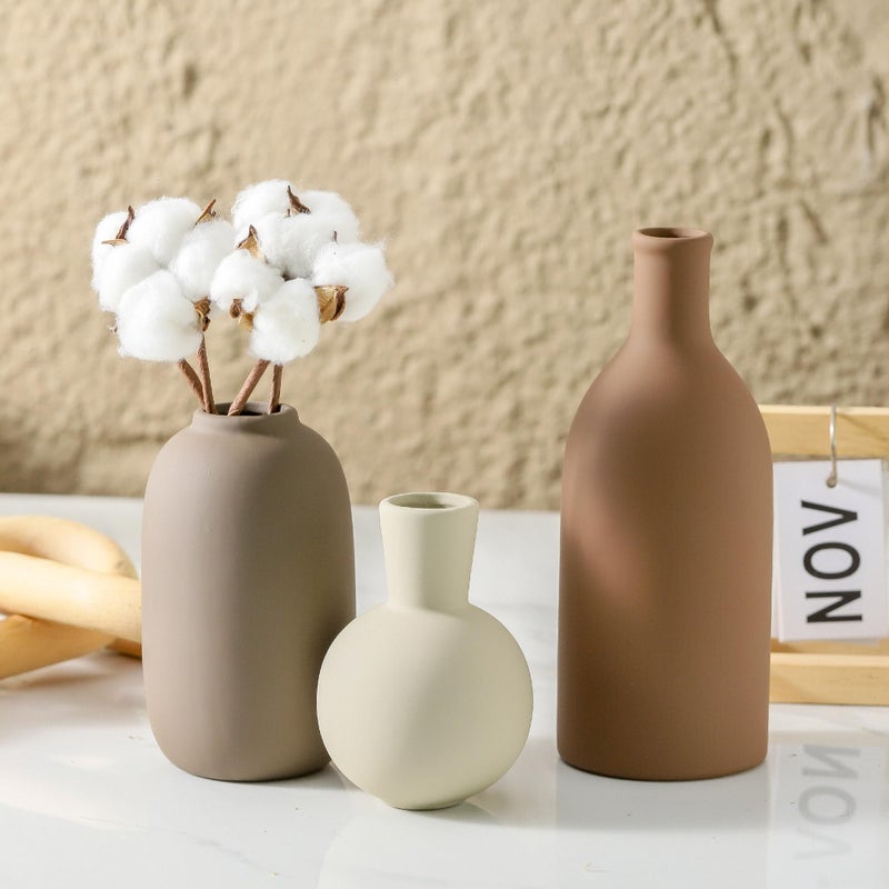 ooit Ceramic Vases Set of 3, Modern Neutral Rustic Farmhouse Home Decor Pottery Pampas Decoration for Living Room, Table, Bathroom, Bedroom, Entryway - Brown - Image 2