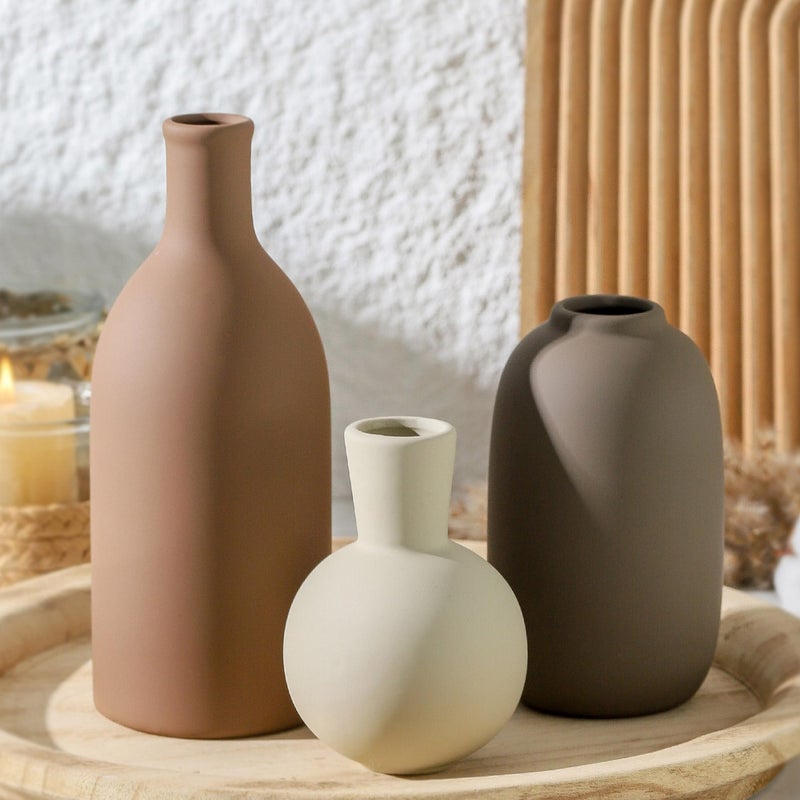 ooit Ceramic Vases Set of 3, Modern Neutral Rustic Farmhouse Home Decor Pottery Pampas Decoration for Living Room, Table, Bathroom, Bedroom, Entryway - Brown - Image 1