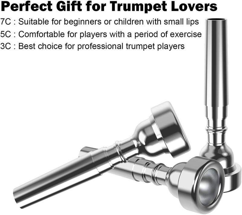 Eison Silver Trumpet Mouthpiece 7C 5C 3C Trumpet Mouthpiece Set with Box Cleaning Cloth Compatible with Yamaha Bach Conn King Musical Instruments for Beginners and Professional Players 3Pack - Image 2