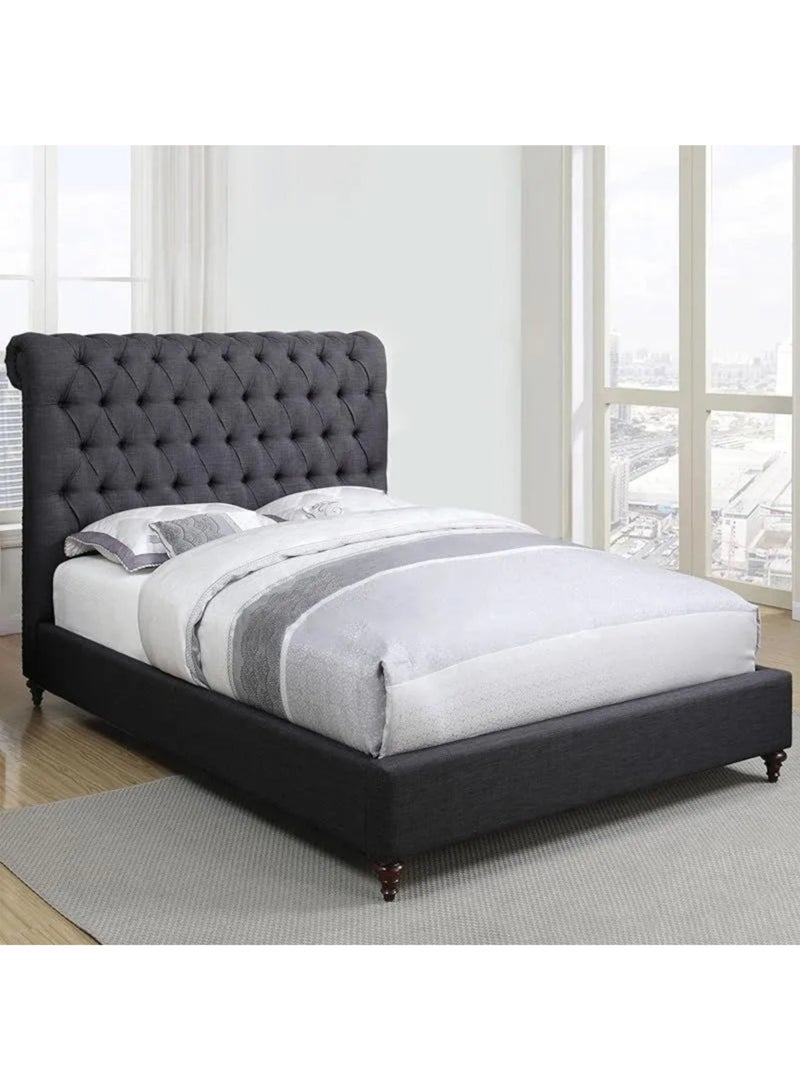 Acent Rolled Top Button Tufted Upholstered Velvet Platform Bed Modern Design Free Installation (Super King: 180 x 200cm, Black)