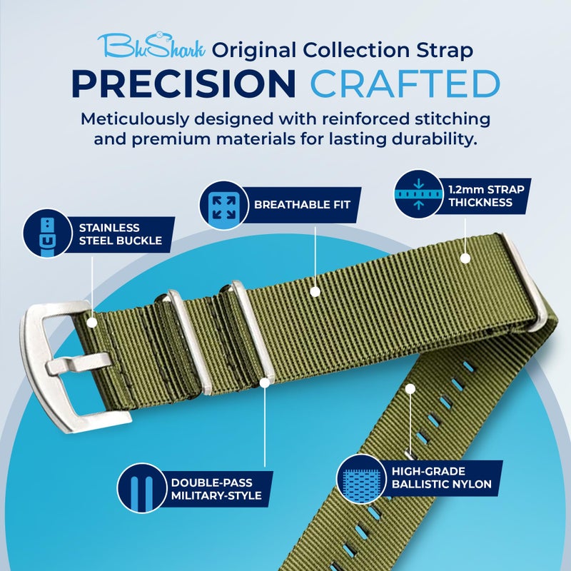 BluShark - Original Collection Military-Style Waterproof Watch Strap, Fits All Timepiece Brands, Durable Nylon Wristwatch Accessories with Stainless Steel Buckle, Army Green, 18mm - Image 3