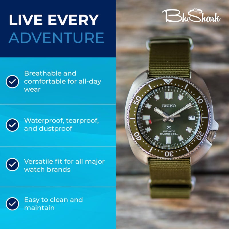 BluShark - Original Collection Military-Style Waterproof Watch Strap, Fits All Timepiece Brands, Durable Nylon Wristwatch Accessories with Stainless Steel Buckle, Army Green, 18mm - Image 4